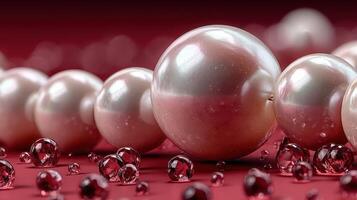 Collection of shiny pearls and glass beads arranged on a rich red background highlighting their elegance and beauty photo
