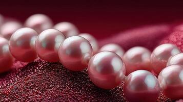 Stunning close-up of lustrous pink pearls resting on a textured maroon surface in soft light photo