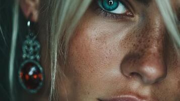 Striking close-up of a woman showcasing vibrant blue eyes and intricate earrings with detailed textures photo