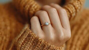 Elegant engagement ring showcased on a hand adorned in a cozy knit sweater during a serene indoor setting photo