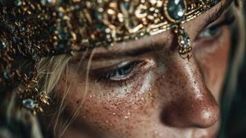 Close-up of a woman with intricate jewelry highlighting her features and expressing a deep, contemplative emotion photo