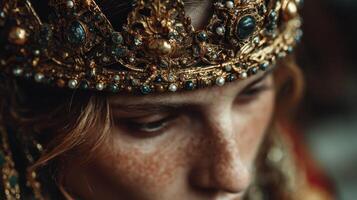 Woman wearing an ornate crown with intricate details in a traditional setting during a cultural celebration photo
