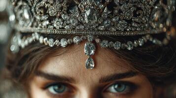 Young woman showcasing an intricate crown with sparkling jewels in a close-up setting, highlighting her piercing blue eyes photo