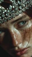 Close-up of a young person with sparkling tiara highlighting unique freckles and expressive blue eyes during an artistic portrait session photo