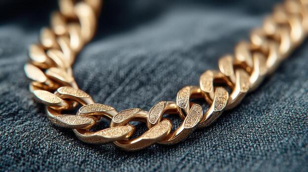 Gold chain with intricate links displayed on textured fabric background photo