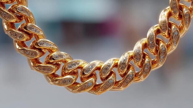 Golden chain with intricate design displayed outdoors in a vibrant urban setting during daytime photo