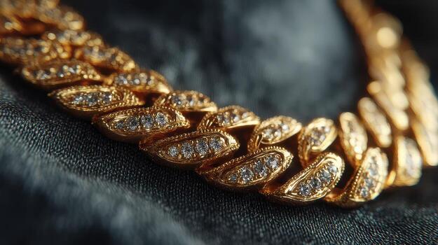 Intricate gold and diamond necklace resting on dark fabric in elegant display at evening event photo