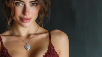 Young woman poses elegantly, showcasing a silver heart necklace against a dark background photo