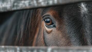 Close-up of a horse's eye revealing deep expression in a rustic wooden setting photo