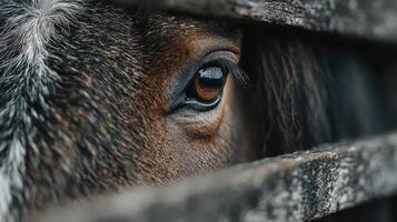 Close-up view of a horse's eye, captured through wooden slats during early morning light in a rural stable setting photo