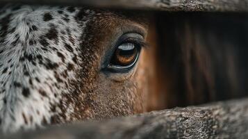 Close-up view of a horse eye peeking through wooden slats in a barn during daylight hours photo