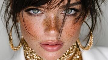 Portrait of a woman with striking freckles and bold accessories in a close-up shot, highlighting natural beauty and elegance photo