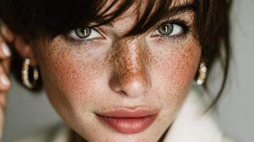 Close-up portrait of a woman with striking freckles and piercing eyes in soft lighting photo