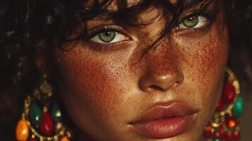 Portrait of a young woman with vibrant earrings and striking features captured in natural light photo