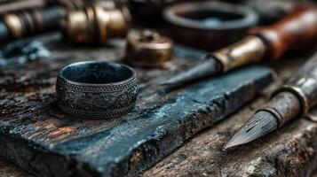 Artisan craftsman tools and a decorative ring displayed on a rustic wooden surface in a workshop setting photo