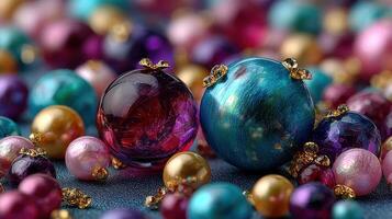 Colorful decorative ornaments scattered on a textured surface, showcasing various sizes and styles in vibrant hues photo