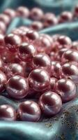 Pink pearls scattered on a soft fabric surface, creating an elegant and luxurious atmosphere in a close-up view photo