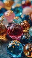 Colorful glass beads with golden accents scattered on a textured surface in bright, reflective light photo