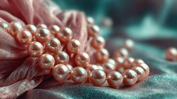 Elegantly draped pink pearls on soft fabric create a stunning visual display of timeless beauty and luxury photo