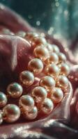 Elegant string of pearls resting on luxurious pink silk fabric illuminated by soft light photo