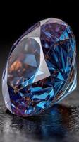 Beautiful blue gemstone sparkling under soft light in a close-up view showcasing its facets and brilliance at an art exhibition photo