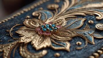 Intricate floral design on a textured surface adorned with colorful stones captures the essence of craftsmanship photo