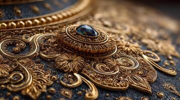 Intricate gold embroidery and gemstone detailing on fabric creates an elegant design for traditional attire photo