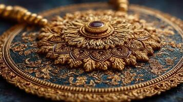 Intricate gold ornament showcasing detailed craftsmanship on a dark textured background photo