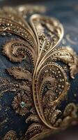 Intricate golden embroidery detail on luxurious fabric showcasing artistic craftsmanship and elegance photo