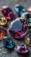Colorful gemstones display bright reflections under soft light, showcasing their unique cuts and hues in a close-up view photo