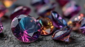 Colorful gemstones scattered on a textured surface showcasing their brilliance and beauty in detail during bright lighting photo