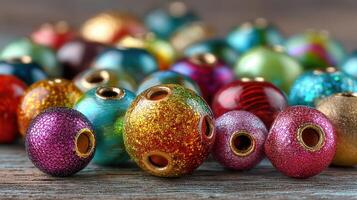 Colorful decorative beads scattered on a wooden surface for crafting and DIY projects photo