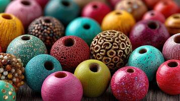 Colorful assortment of handmade wooden beads on a textured surface captured in natural light photo