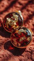 Beautiful red and gold resin earrings resting on textured earth-toned surface in natural light photo
