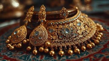 Exquisite gold jewelry set featuring intricate design and vibrant gemstones displayed in a traditional setting photo