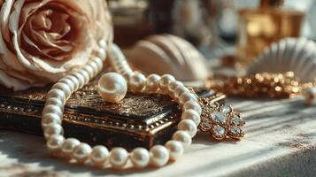 Elegant pearl necklace and floral arrangement on a vintage jewelry box in soft sunlight photo