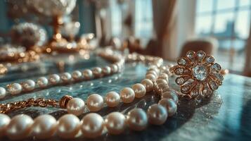 Elegant jewelry display featuring pearls and a vintage ring in a luxurious setting during daylight photo