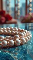Exquisite pearl necklace with intricate design resting on luxurious surface in elegant indoor setting during daylight photo