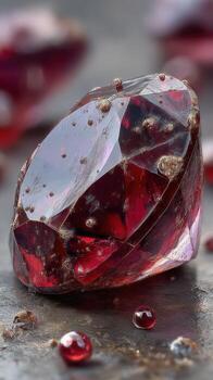 Close-up of a red gemstone showcasing intricate details and reflections in an artistic display photo