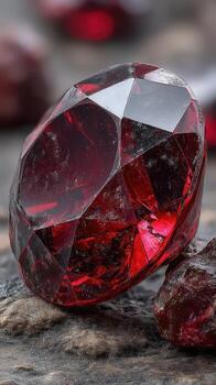 Exquisite red gemstone captured in sharp detail on a textured surface with soft reflections creating a striking visual photo