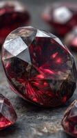 Sparkling red gemstones displayed on a textured surface during natural light photography session photo