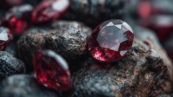 Rich red gemstones resting on dark textured surface showcasing their brilliant shine under focused light photo