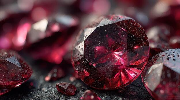 Sparkling red gemstones glimmer under soft light in an elegant display of nature's beauty and craftsmanship photo