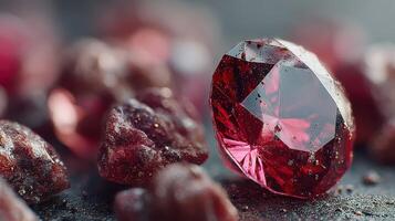 Beautiful red gemstone surrounded by smaller crystals on a dark surface in a well-lit environment photo
