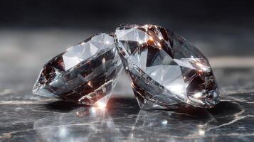 Unique close-up of sparkling diamonds resting on a polished marble surface highlighting their brilliance photo