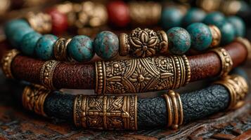 Elegant handmade bracelets showcasing intricate designs with rich textures and vibrant colors in a close-up setting photo