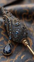 Intricately designed decorative object with beads and intricate patterns displayed on elegant fabric photo