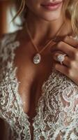 Elegant bride showcasing intricate lace dress and sparkling jewelry in soft natural light photo