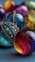 Handmade glass ornaments in vibrant colors displayed on a textured surface photo