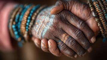 Hands exchanging a firm handshake adorned with colorful bracelets in a cultural setting during daylight hours photo